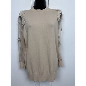 Twelfth Beige womens Knit sweater sheer tulle floral Applique long sleeve medium